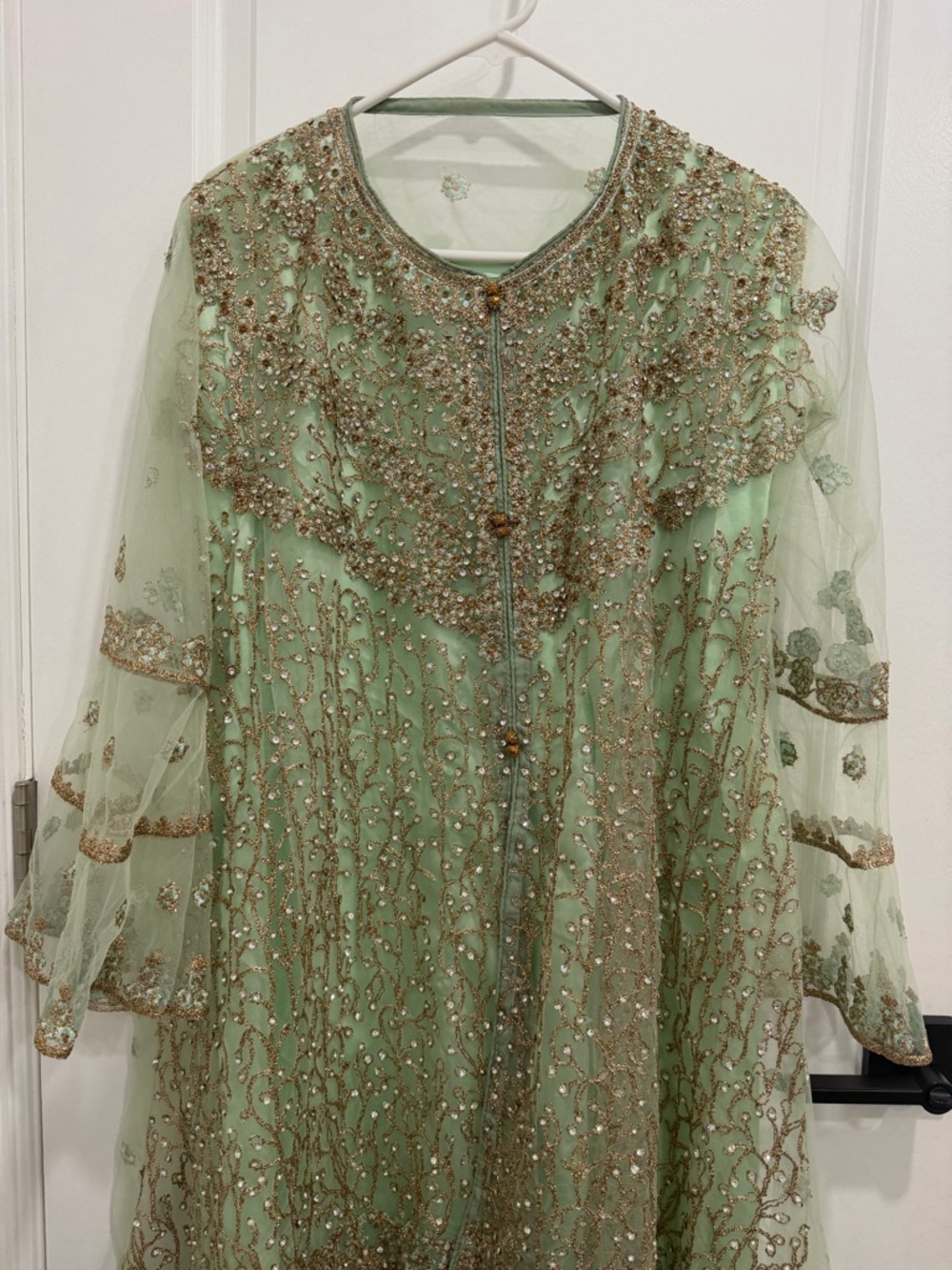 Pakistani Embellished Mint Green Party Dress with Gold Accents - Picture 3 of 7